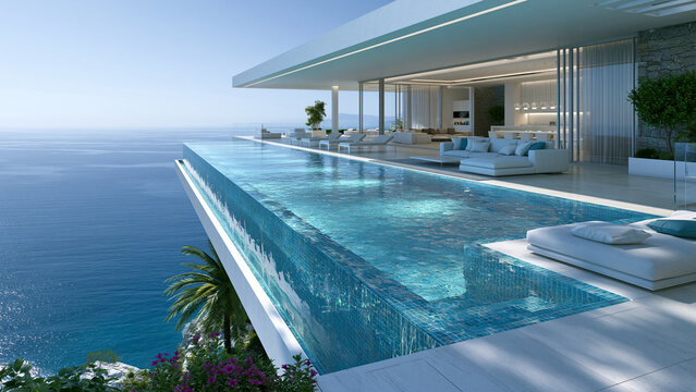 Luxury architecture home, ocean front property landscape. Modern minimalist design with infinity pool, sleek contemporary designer furniture, panoramic coastal view background. vacation home or hotel.