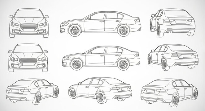 Set of car sketches from different angles.