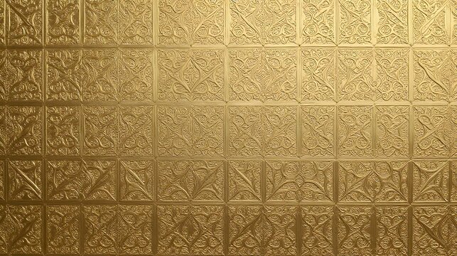 Gold metallic embossed square pattern texture background with floral designs transparent background