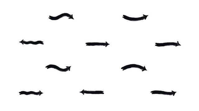Straight and curved animated bold thick stroke arrows set. Expressive doodle marker pointers animation. Grunge drawn design elements 4K video. Directional rough freehand motion graphics pack
