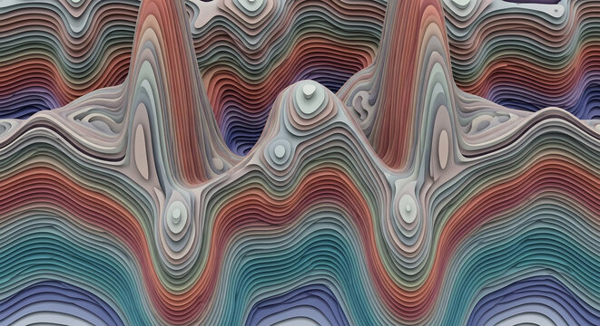 Abstract 3D landscape with layered wavy patterns in earth tones and textured surface abstract art multi colored textured background