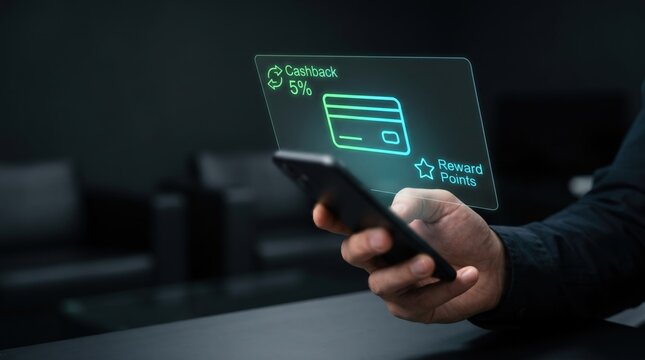 Mobile Banking Rewards and FinTech Concept: Man Using Smartphone with Holographic Credit Card, 5% Cashback Incentive, and Loyalty Reward Points Interface