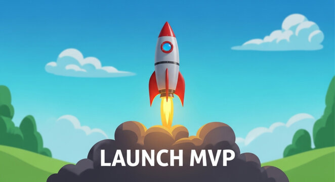 Rocket Launching into Sky with Launch MVP Text.