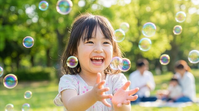 晴れた緑豊かな公園でシャボン玉を追いかける日本人の子供