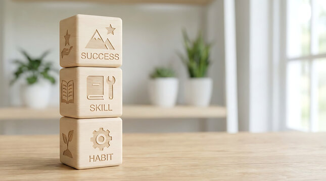 Wooden blocks stacked habit skill success symbols learning tools and plants on wooden surface.