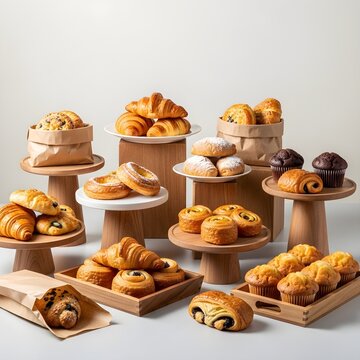 Assortment of fresh baked pastries and muffins on display stand.