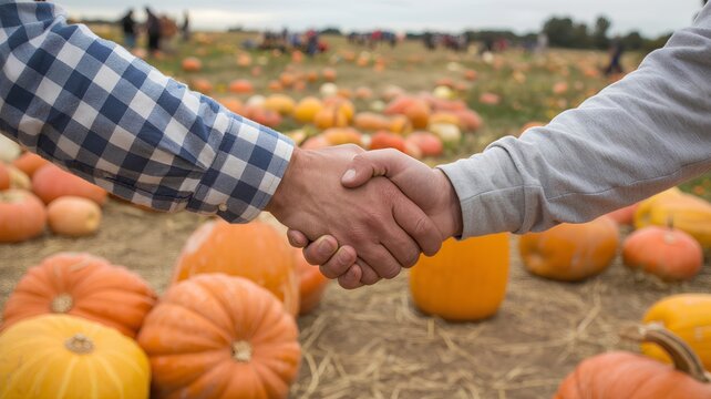 Two people shaking hands in a pumpkin patch field during autumn, with one person wearing a blue and white checkered shirt and the other wearing a light gray long-sleeved shirt, surrounded by pumpkins