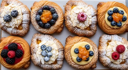 Fototapeta premium Assortment of danish pastries with fresh berries and fruit jam on white marble surface.