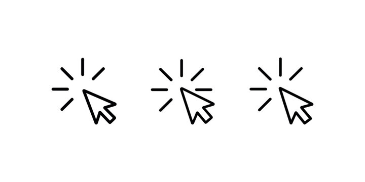 Cursor arrow pointer click icons set with burst effect for website interface or desktop navigation menu buttons isolated in clean black line style on white.