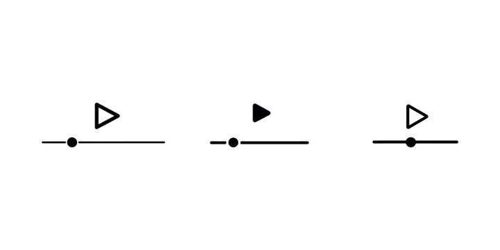 Play button and slider bar icons set for media player interface or video progress tracking UI elements in black minimal style isolated on white background set.