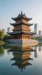 Naklejka premium Traditional Asian pagoda by water symbolizing tranquility, harmony, and natural balance