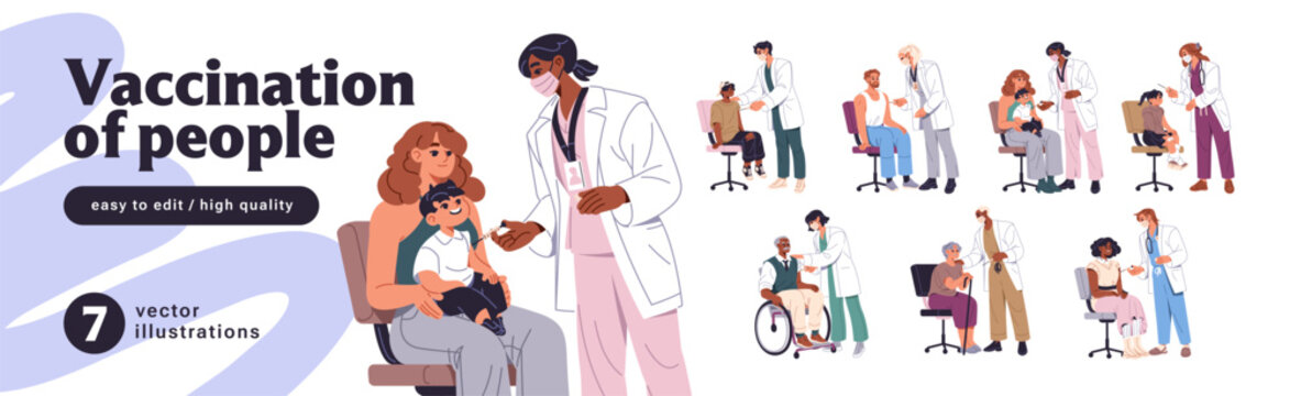 Vaccination of people and kids set. Doctors give injections into arm. Nurses in masks care about patients with protection from flu, covid and viruses. Flat isolated vector illustrations on white