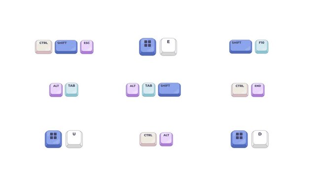 Digital controls keyboard shortcut keys set animation. Software interaction. Quick usability. Animated hotkey combo buttons click for pc, laptop. 4K video. Computer press action collection