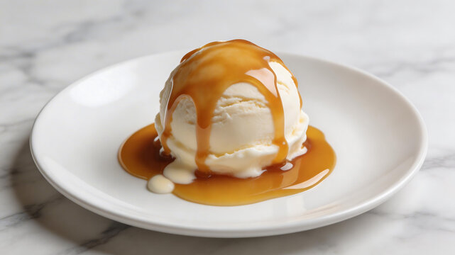 Ice cream with caramel sauce on plate representing futuristic concepts and abstract thought