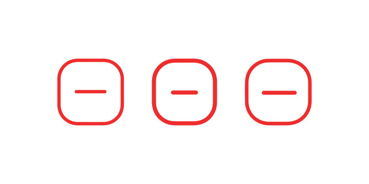 Three identical vector outline style red icons inside a rounded square, each featuring a minus sign, representing subtraction or removal.