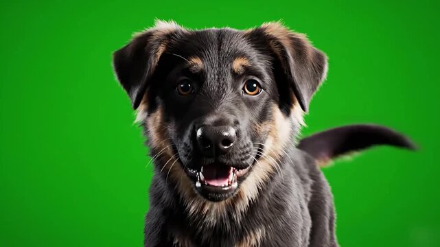 Happy Mixed Breed Puppy on Green Screen Background, Young Dog Looking at Camera