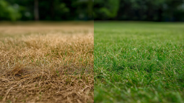 A close-up, low-angle shot comparing dry, withered grass with lush, green grass, emphasizing the transformation after lawn care.