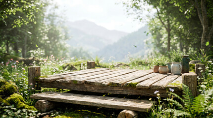 Fototapeta premium Rustic Wooden Deck in Enchanted Forest Garden with Mountains