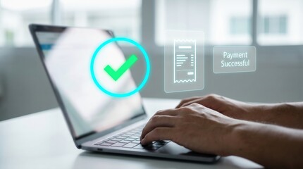 Fototapeta premium Successful Digital Payment and Transaction Confirmation Concept: Hands on Laptop with Holographic Green Checkmark, Payment Successful Notification, and Digital Receipt