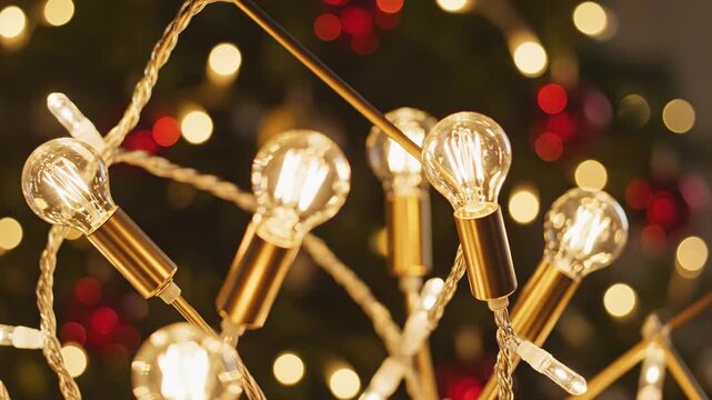 Festive incandescent string lights with a warm, glow illuminate a blurred green tree adorned with bokeh decorations, creating a magical and cozy ambiance perfect for holiday celebrations