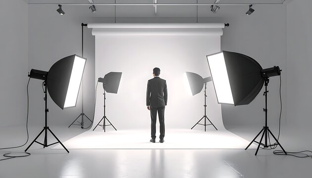 A man stands on a white platform surrounded by studio lights