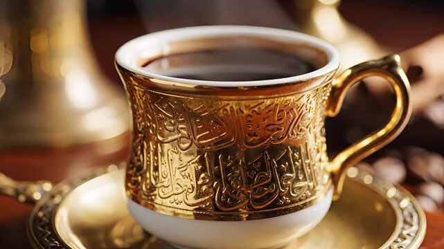 Luxurious Golden Turkish Coffee Cup with Intricate Arabic Calligraphy.
