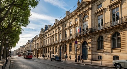 Obraz premium Historic Stone Buildings Lining Quiet European City Street with Red Tram