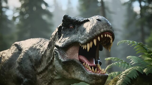 Huge dinosaur roams the forest, showcasing its teeth and habitat in close-up shots during the day