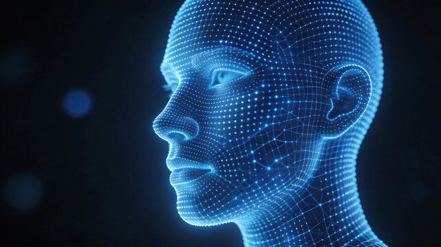 Digital human head wireframe emphasizing advanced technology and cybersecurity