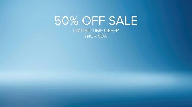 50 percent off sale banner with limited time offer on blue gradient background