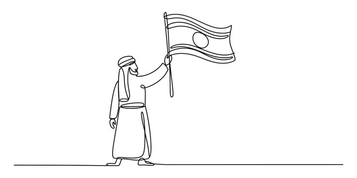 Arab man in traditional clothes holding a national flag