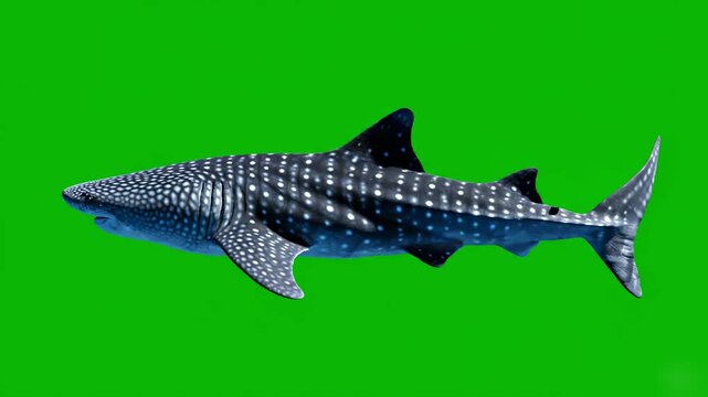 Whale shark swimming on green screen background, side view of Rhincodon typus for easy compositing and video editing