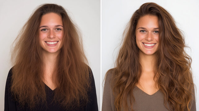A smiling young woman shows a dramatic before and after comparison of her frizzy, unmanageable hair contrasted with her smooth, voluminous, and shiny locks.