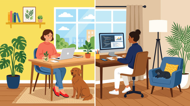 Cozy Home Office Work From Home Scene Set with Women Working on Laptop and Desktop with Cat and Dog for Remote Work Themed Designs