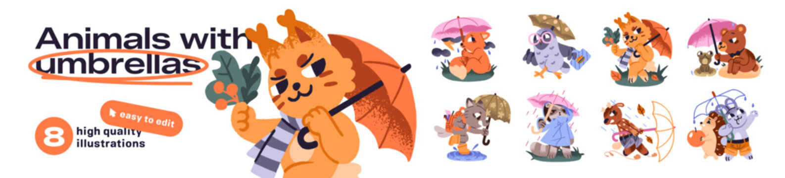 Cute baby animals with umbrellas set. Funny forest characters hide from autumn rain. Fox, wolf and bear with canopy, raincoat in rainy weather. Flat isolated vector illustrations on white background