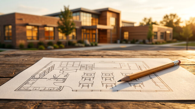 Architectural blueprint school classroom layout with pencil softly defocused school exterior background golden hour education concept
