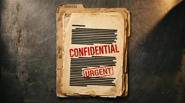 Aged Cold War era classified dossier redacted lines stamped CONFIDENTIAL URGENT red ink top-down editorial concept