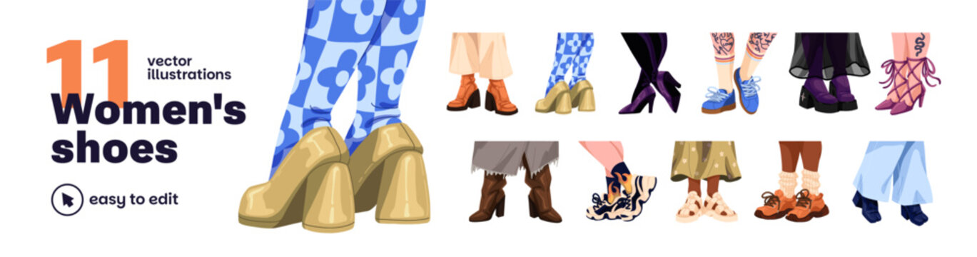 Women legs in shoes set. Female feet with trendy footwear-sports sneakers, high boots, sandals and heels. Various fashion footgears. Flat isolated vector illustrations on white background