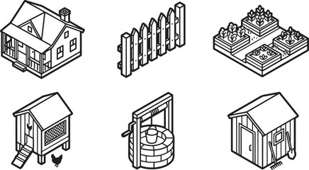 Set of 6 Isometric Line Icons for Rural Farming, Countryside Living, and Agriculture Elements Isolated on White Background. © Balal