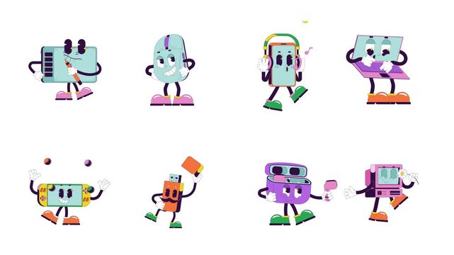 Gadgets groovy retro characters animation set. Phone earphones. Animated devices mascots in vintage rubber hose style collection. 4K video. Anthropomorphic technology 70s comic personages motion