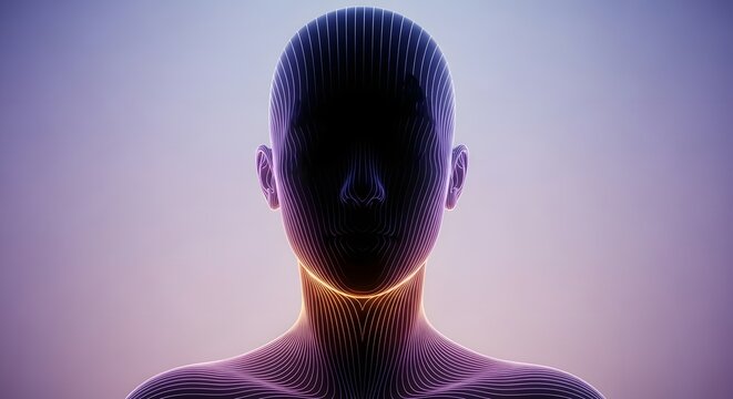 Digital wireframe of a human head with glowing lines. Artificial intelligence and neural network concept. 3D face silhouette formed by topographic light strands on a purple background