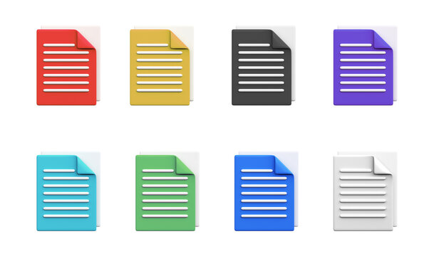 3D Color Document File Icons Set. Collection of paper document symbols for files, text documents, office applications and data management design.