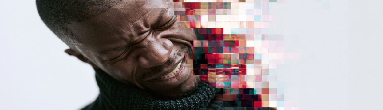 Man grimacing with fragmented pixel blocks on white background