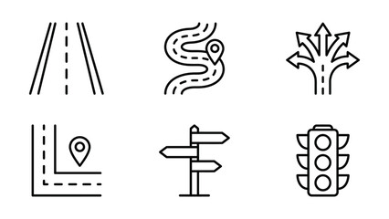 Roads and navigation icons with traffic light intersection signpost illustration collection navigation direction © Rayna