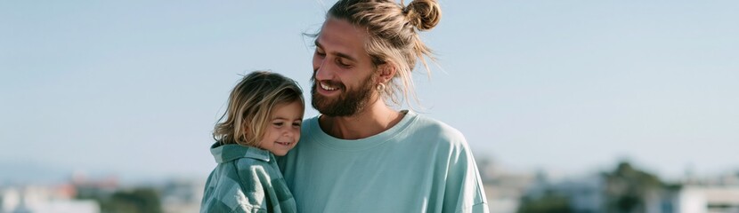 Fototapeta premium Young father holding toddler smiling on rooftop terrace