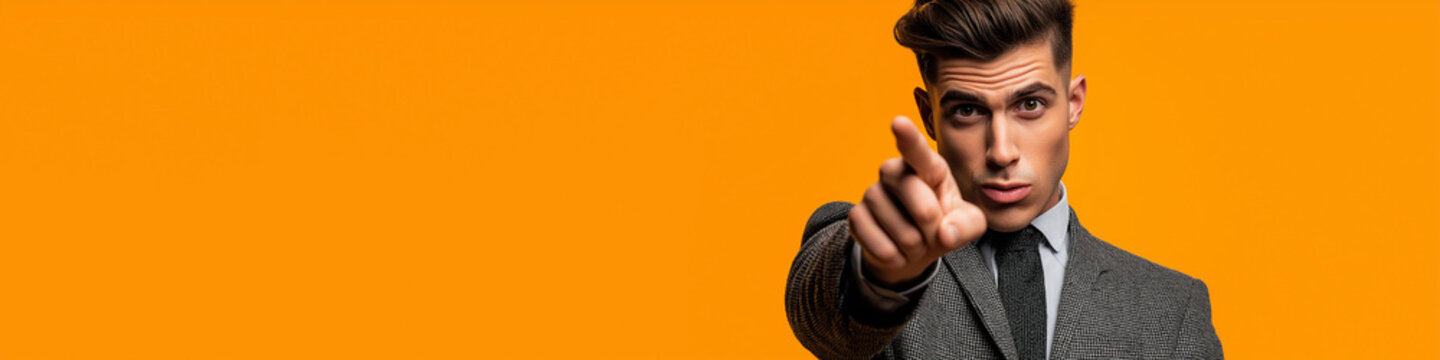A confident man in a stylish patterned coat points directly at the camera with a serious expression against a vibrant orange background.