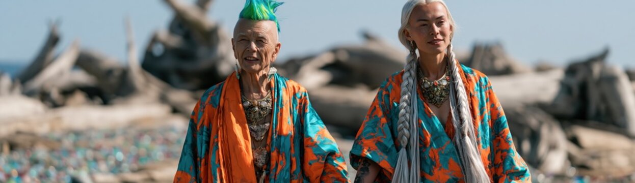 Elderly pair walking on debris strewn beach in colorful robes