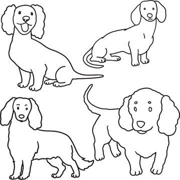 Dachshund line art set long body dog doodle funny small breed outline minimalist black contour hand drawn clipart for veterinary grooming pet packaging mascot coloring pages dog products animal sketch