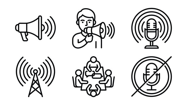 Communication and feedback icons set with radio tower communication megaphone microphone conference broadcast