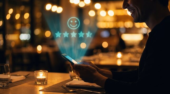 Side Profile of a Happy Diner using a Smartphone at a Candlelit Restaurant with a Conceptual Teal Holographic 5-Star Rating and Smiling Emoji rising